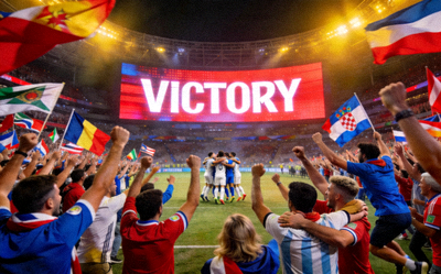 世界杯足球赛场球迷欢呼庆祝胜利场景